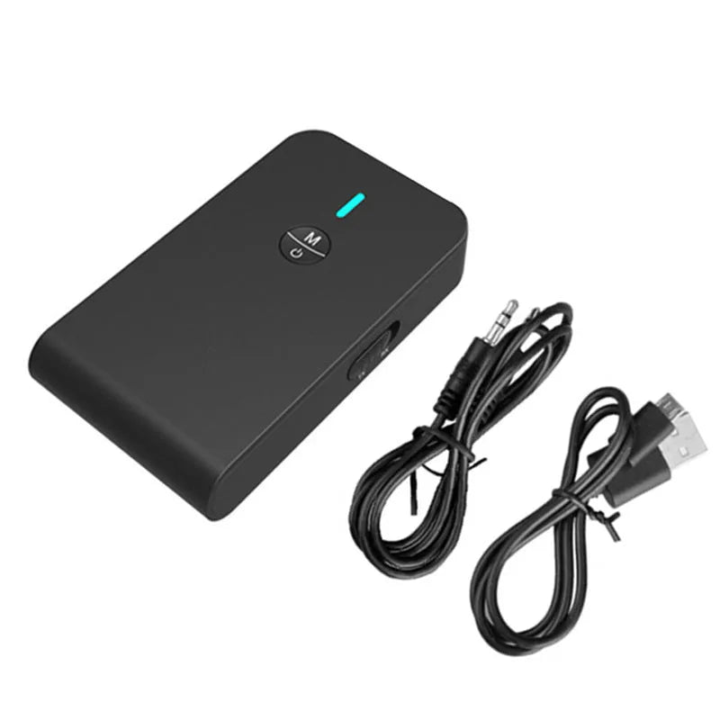 Black USB Bluetooth audio adapter with 3.5mm AUX plug for wireless streaming.