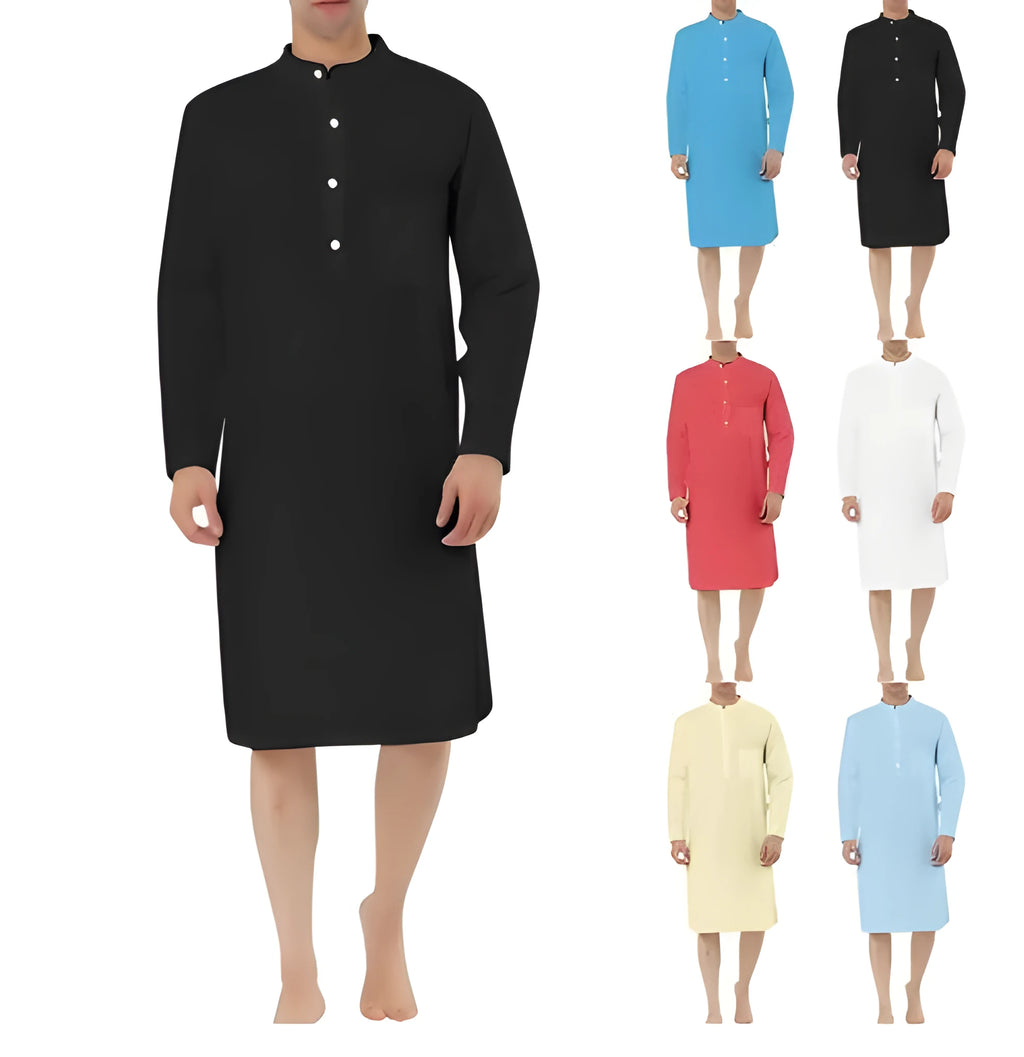 Men's button-front shirt robe in a cotton blend fabric with two front pockets