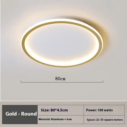 Minimalist circular ceiling lamp in black, white, or gold finish with LED light source