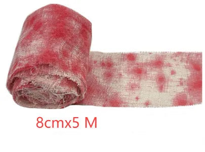 Red and white dyed bloody gauze bandage roll for Halloween costume horror prop decoration