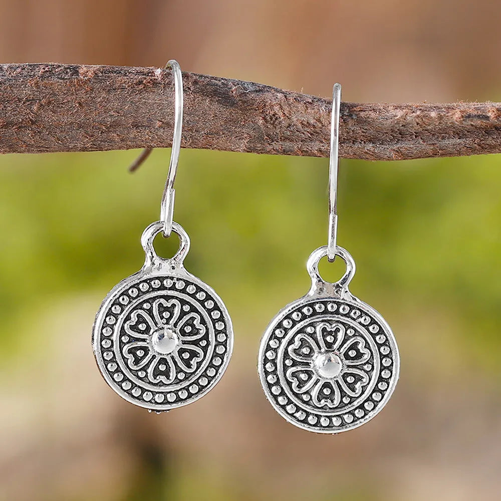 Bohemian retro geometric earrings with distressed ethnic design and electroplated finish in zinc alloy