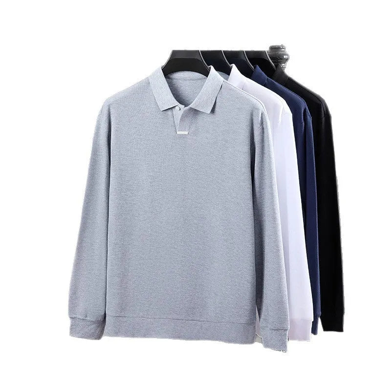 Men's loose fit cotton polo shirt with lapel collar and long sleeves in grey.