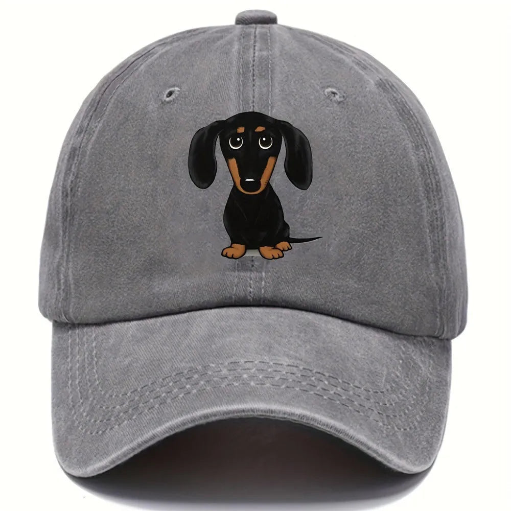 Retro washed cotton baseball cap with embroidered dachshund dog print, dome crown, peaked brim