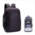 Black Oxford cloth drone backpack showing internal camera, laptop, and organiser pockets.