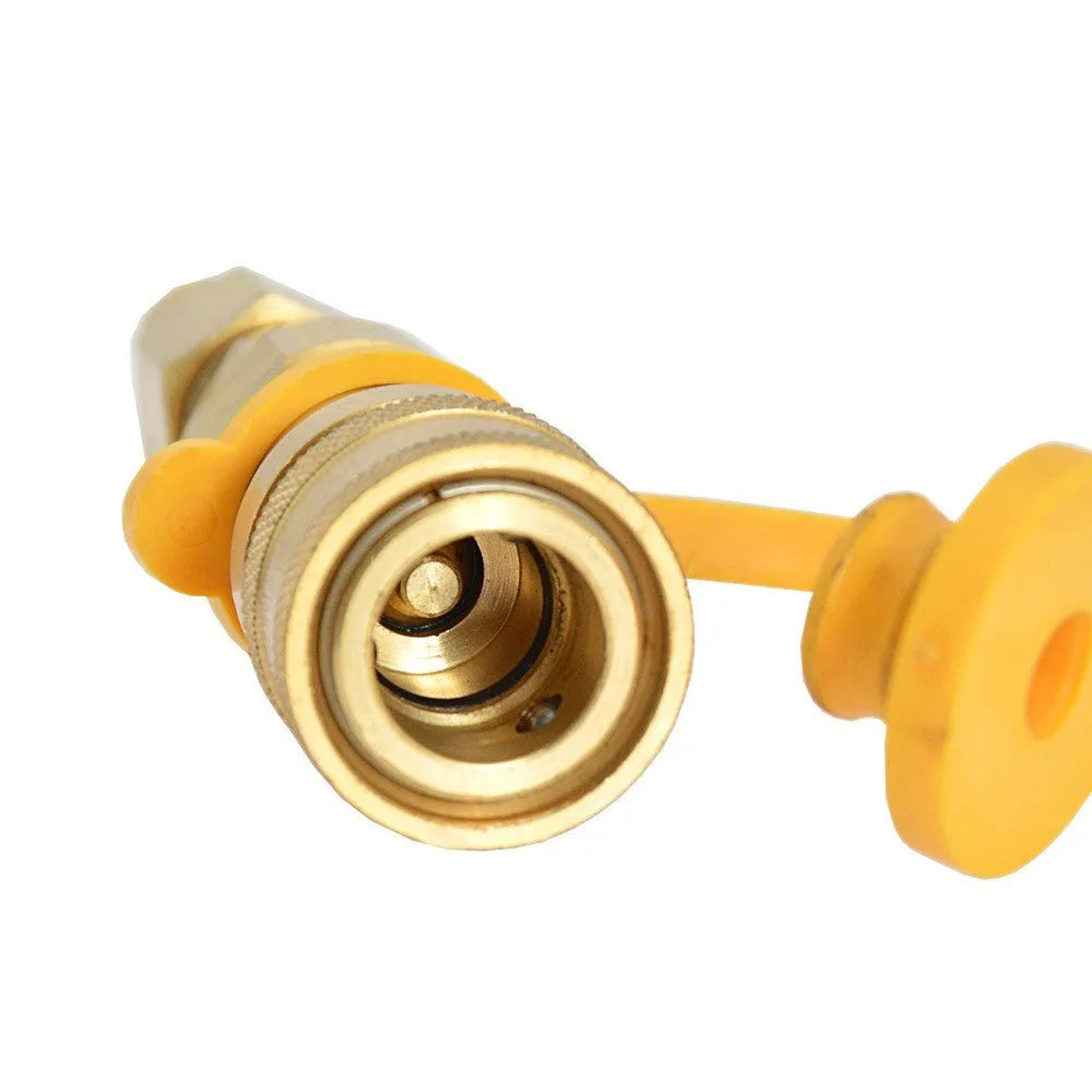 Gold-coloured brass 3/8 gas tank connector for propane conversion with American standard thread