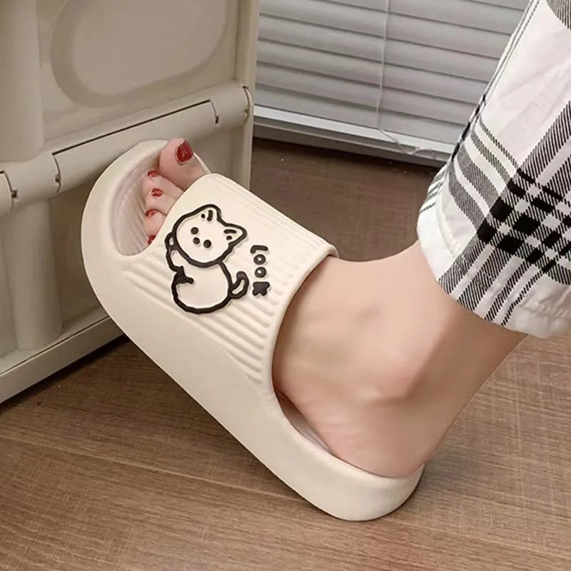Women's cat-themed platform slides with thick EVA sole in multiple colours.