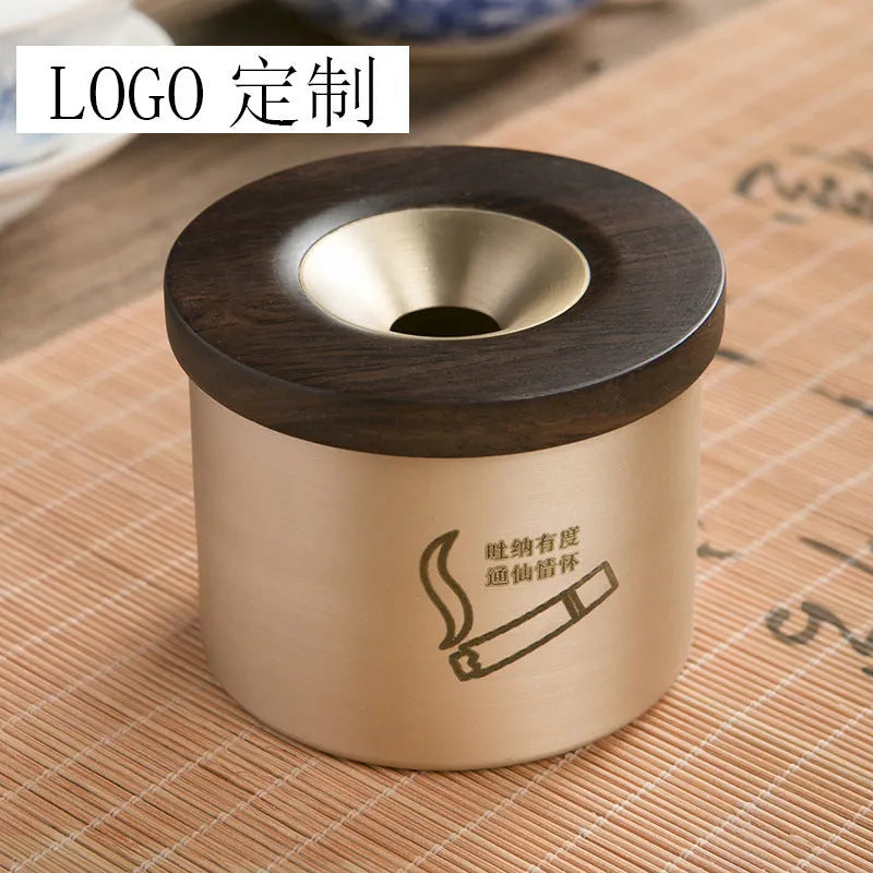 Creative retro brass ashtray with wooden lid in copper construction for living room use