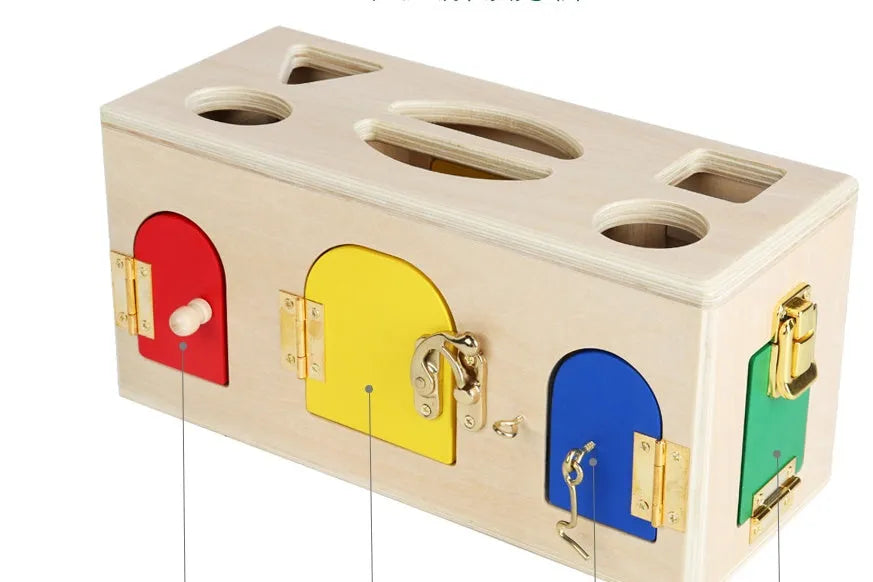 Wooden shape sorter lock box with 12 eco-friendly non-toxic pieces for preschool learning