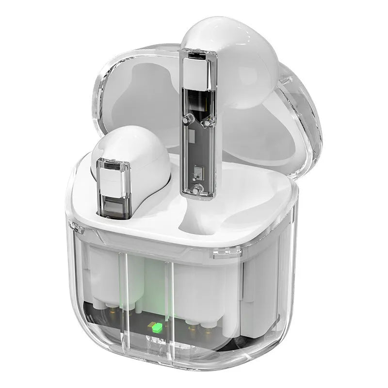 YX06 transparent cabin wireless TWS headphones in black, green, orange, and white colour options