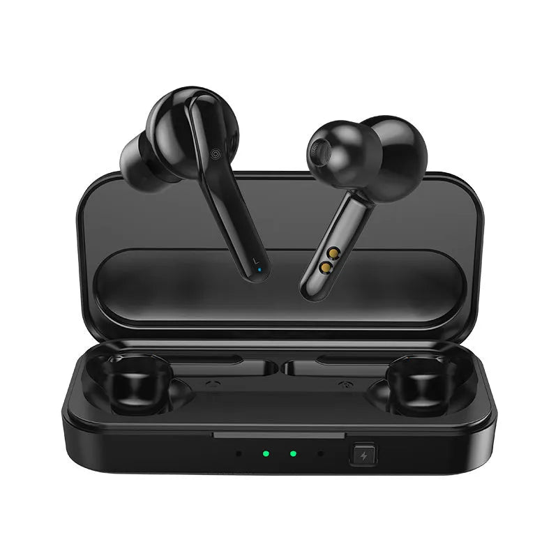 Black and white true wireless Bluetooth earbuds with IPX5 waterproof rating shown side by side.