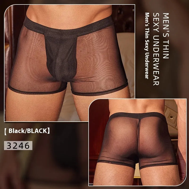 Men's black and white nylon boxer briefs with ultra-thin breathable fabric