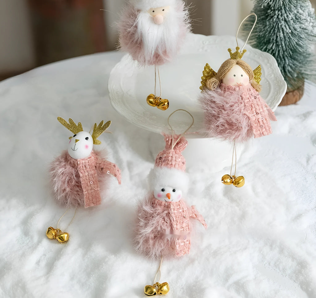 Pink plush snowman Christmas tree hanging decoration with stitched face