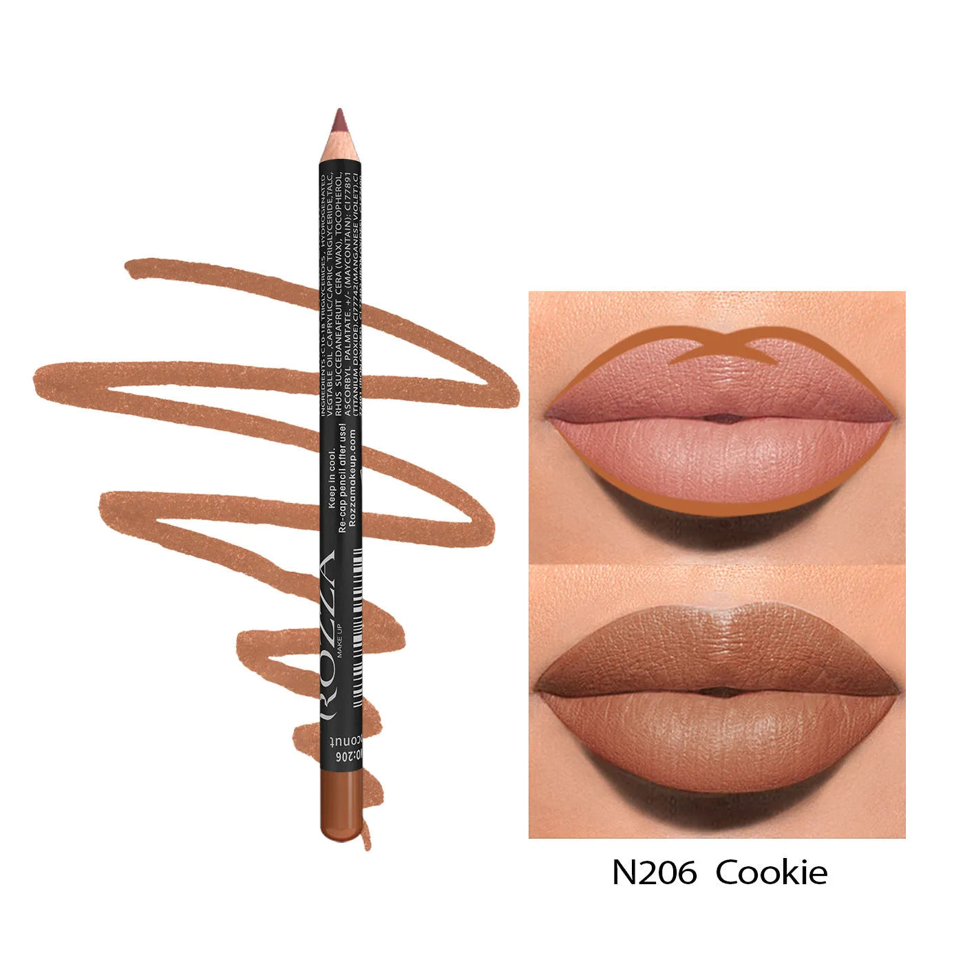 Matte lip liner in wood finish showing rich colour payoff with 14 shade options from 201 to 214