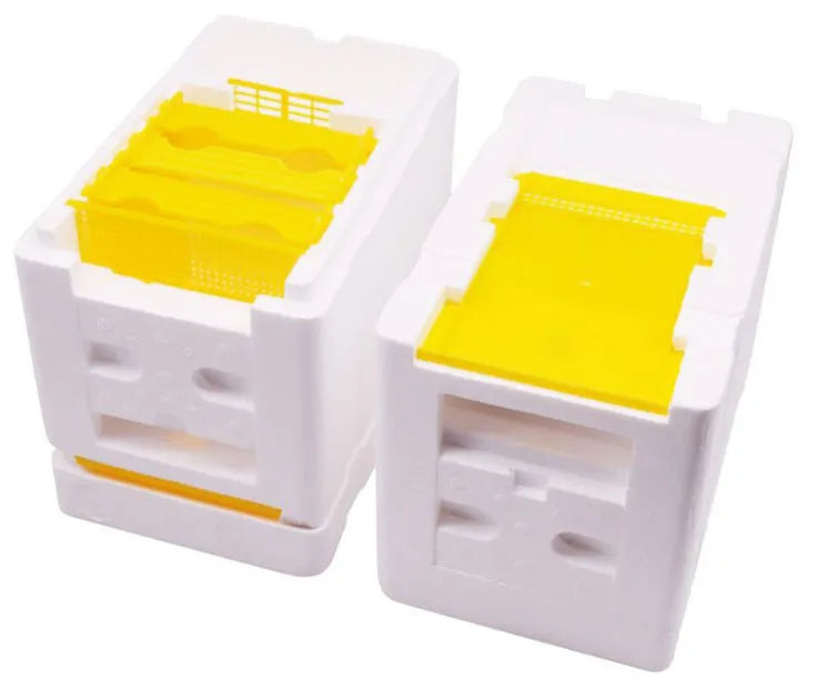 Three white EPS foam bee hive boxes for mating and breeding procedures