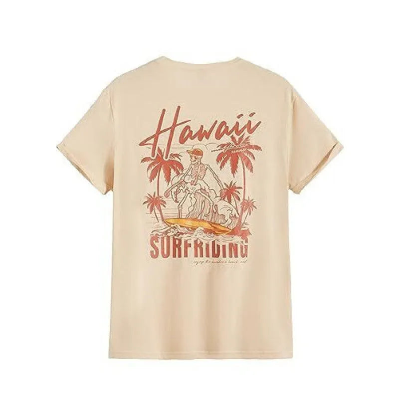 Men's printed short-sleeve street sports t-shirt on a hanger, showing a digital print pattern.