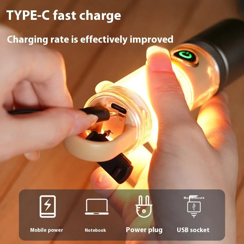 Orange and beige dual light source flashlights with optical zoom and keychain hooks