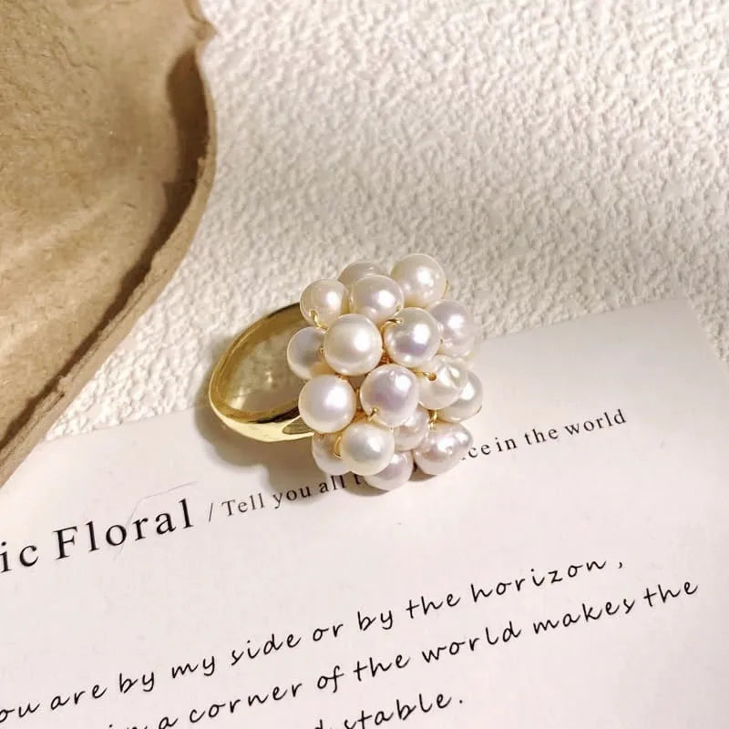 White pearl open ring geometric shape non-fading finish handmade fashion OL style on white background