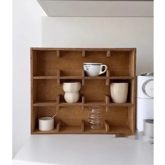 Solid wood square cup storage rack with multiple grid compartments in a birch wood meridian colour.