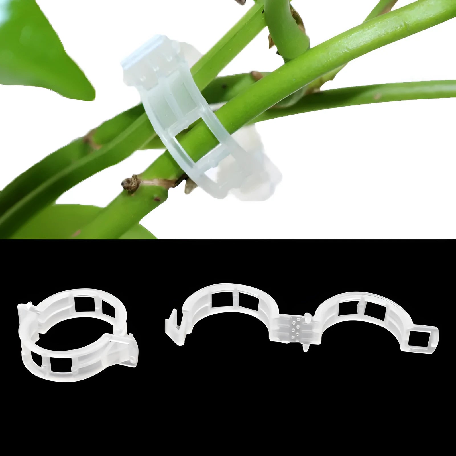 A pack of 50 plastic plant support and grafting clips for garden use.