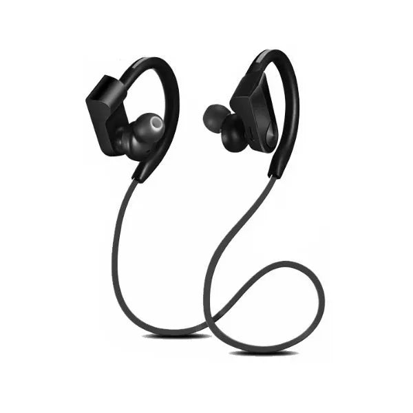 Wireless neckband Bluetooth earphones in black, blue or red colours showing neckband design and earbuds