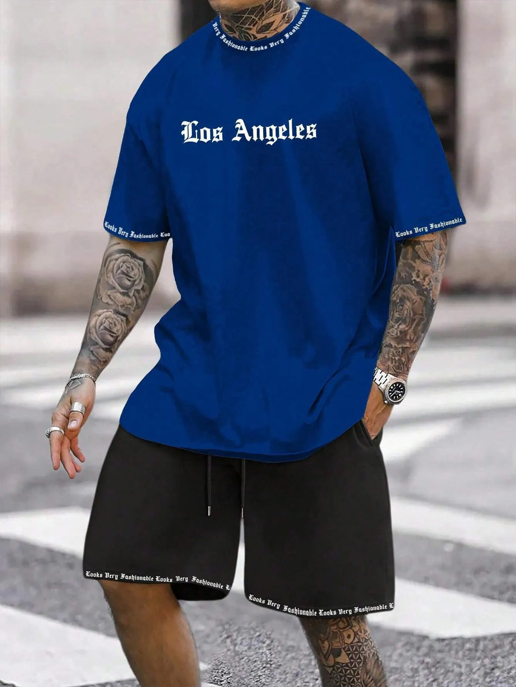 Sports style short-sleeved shorts set with printing pattern in polyester blend fabric