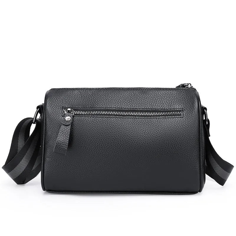 Black genuine leather one-shoulder crossbody bag with large capacity
