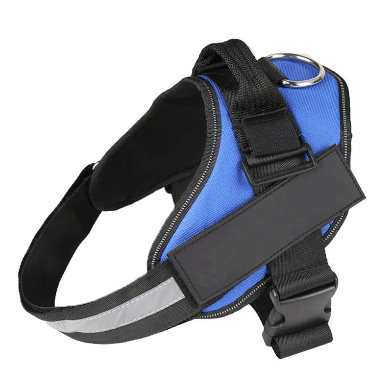 A reflective adjustable dog harness vest shown on a dog, with a handle and D-ring for leash attachment.