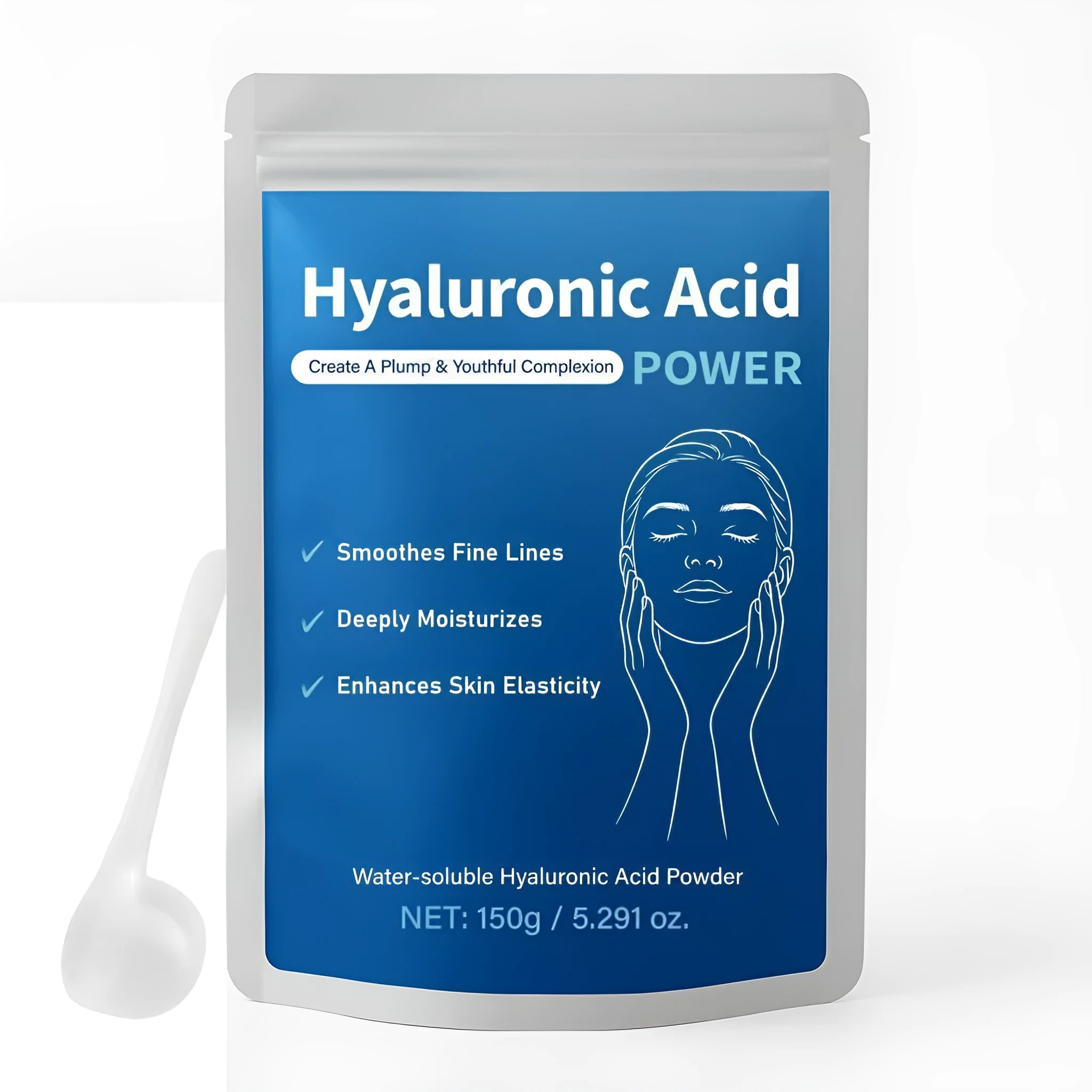 Container of hyaluronic acid powder with 150g net content for DIY skincare formulation