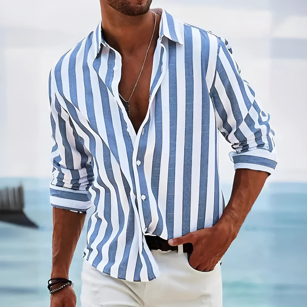 Men's yarn-dyed striped casual shirt in British style cardigan cut with loose fit long sleeves