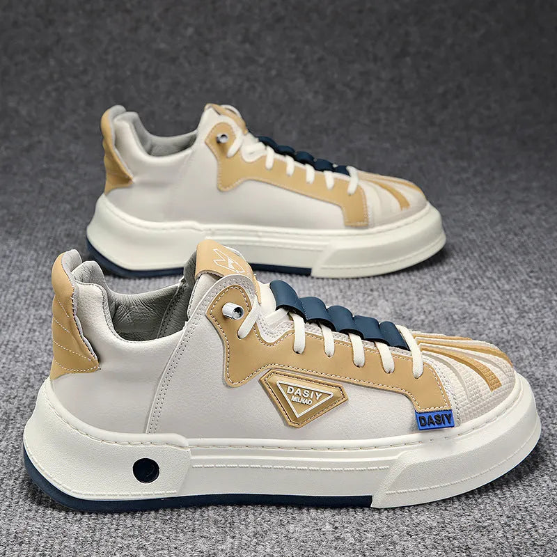 Men's beige low-top sneakers with elastic band closure and leather stitching detailing