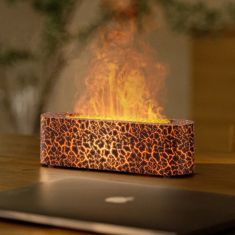 Square desktop humidifier with colourful lava lamp flame lighting effect and mist output