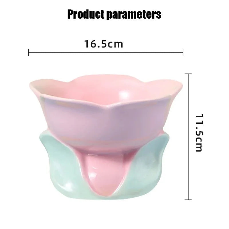 Blue floral patterned ceramic elevated pet bowl with non-slip base for cats and small dogs