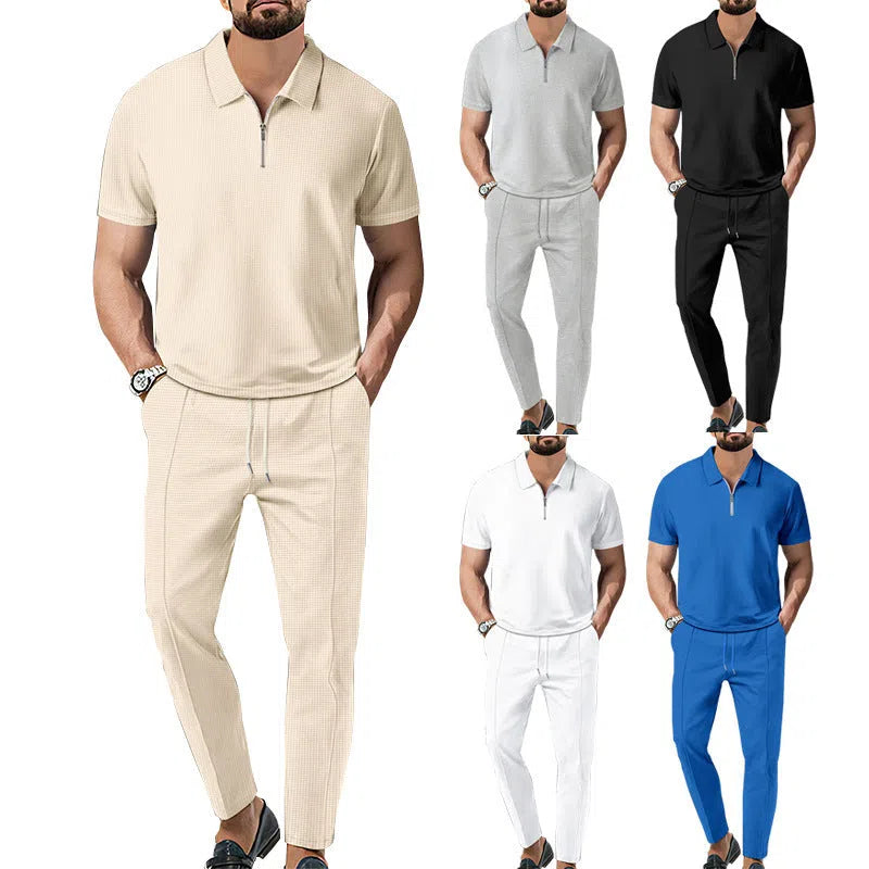 Men's waffle lapel short sleeve suit set in Khaki with matching trousers