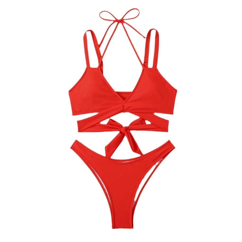 Solid colour women's bikini swimsuit with shoulder straps in black, blue, red, rose red, or white options
