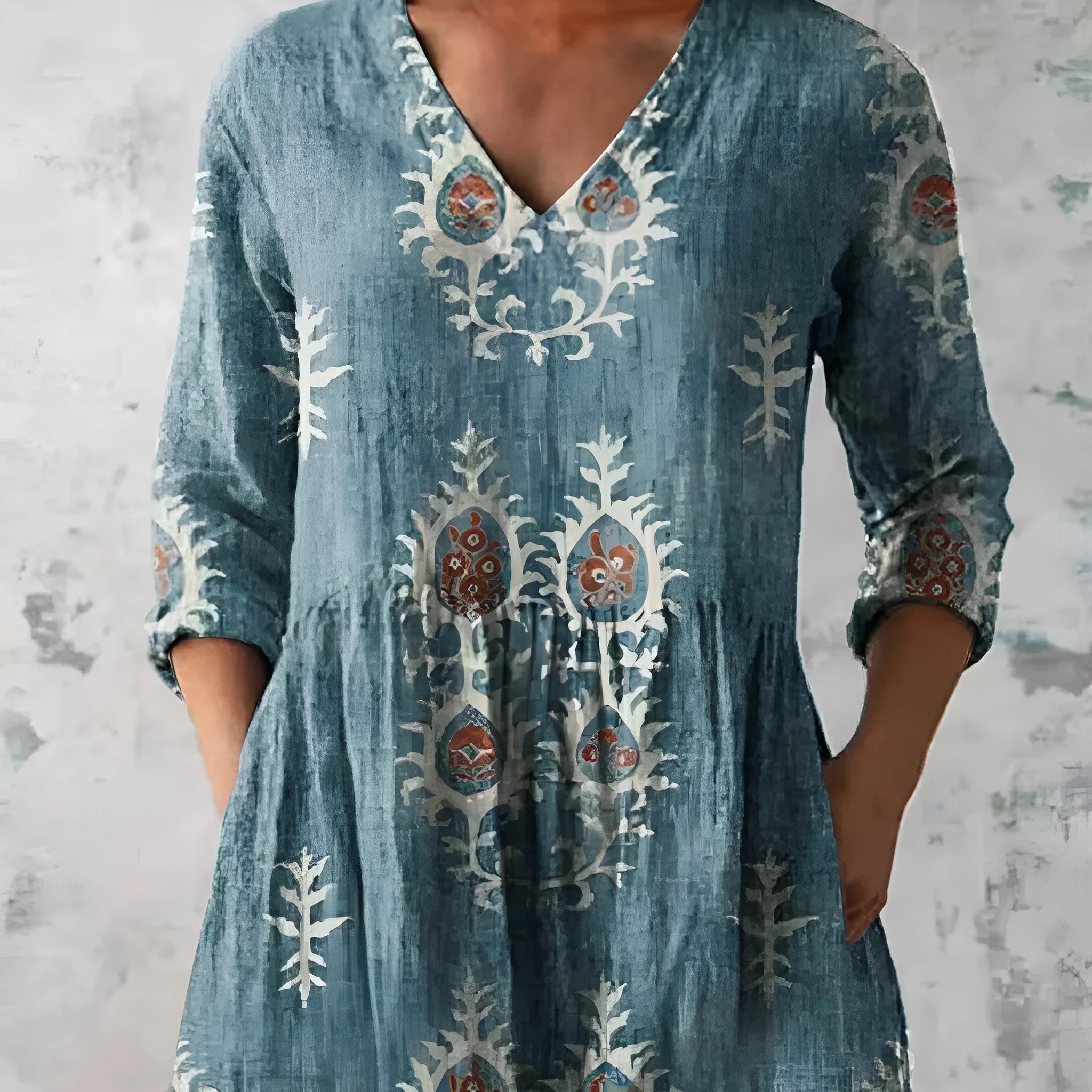 Women's printed loose wave dress with 3/4 sleeves and wide waist in polyester fabric