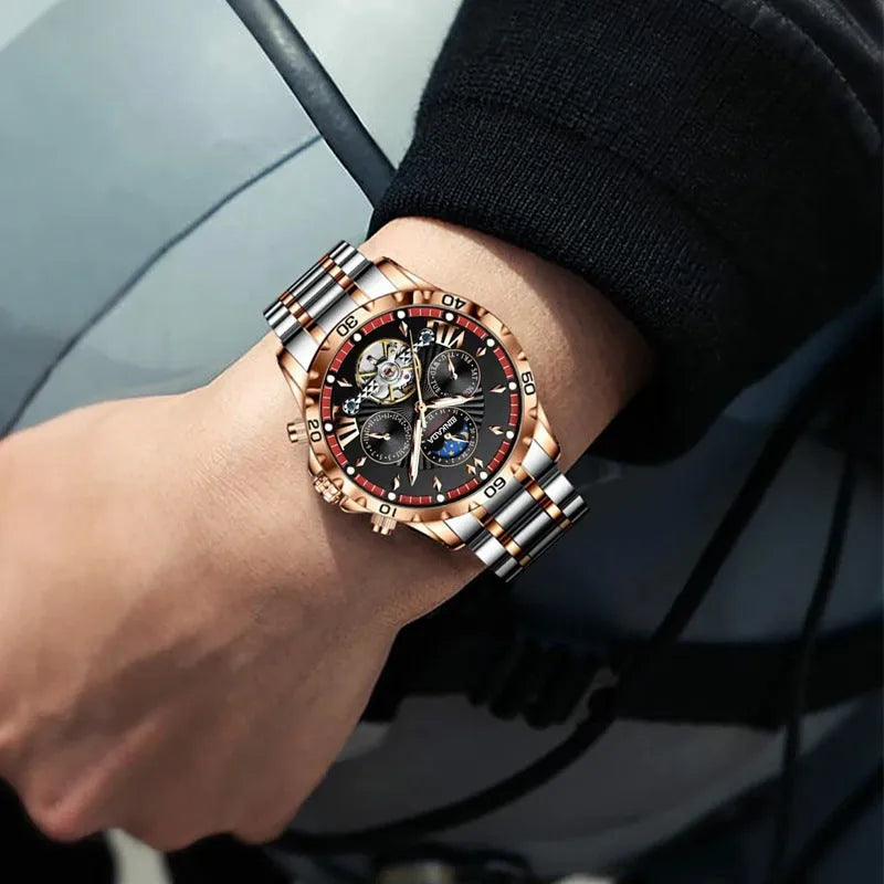 Full-automatic waterproof luminous mechanical watch with steel belt black 13mm thickness