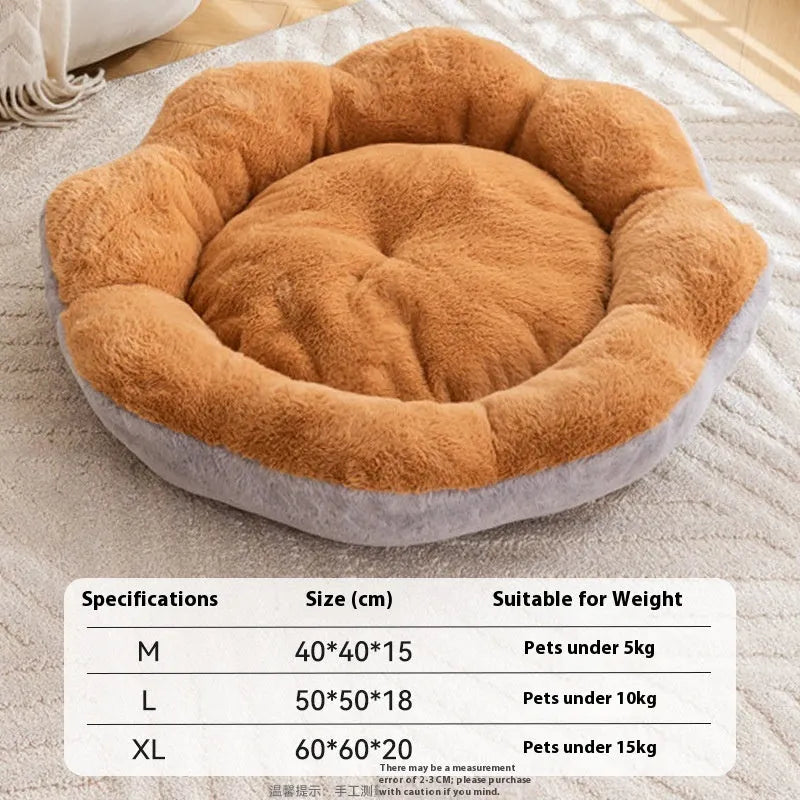 Round thick rabbit plush cat bed with removable cover in yellow brown, shown in L size.