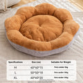 Round thick rabbit plush cat bed with removable cover in yellow brown, shown in L size.