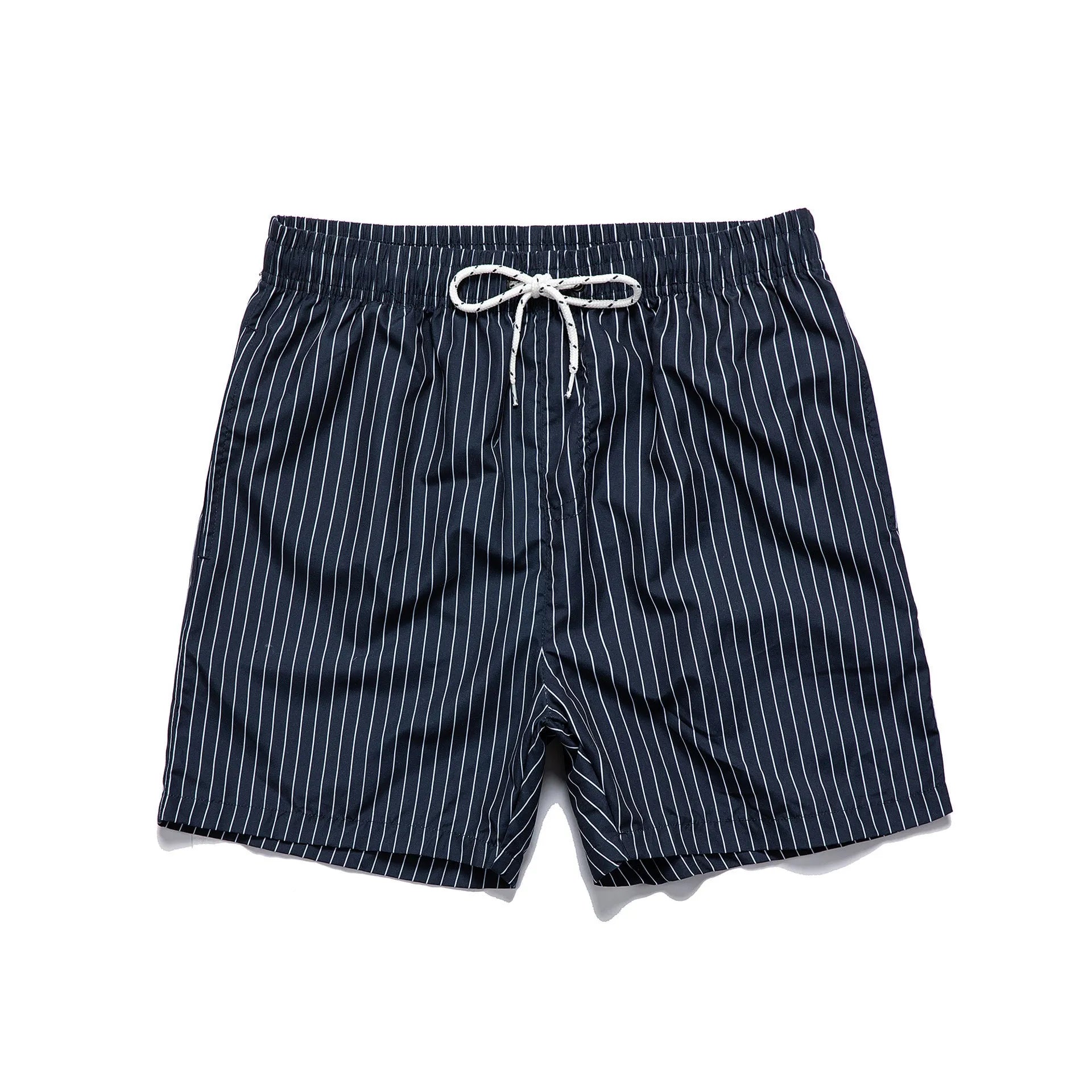 Striped men's beach shorts in navy blue with straight leg opening and polyester fabric