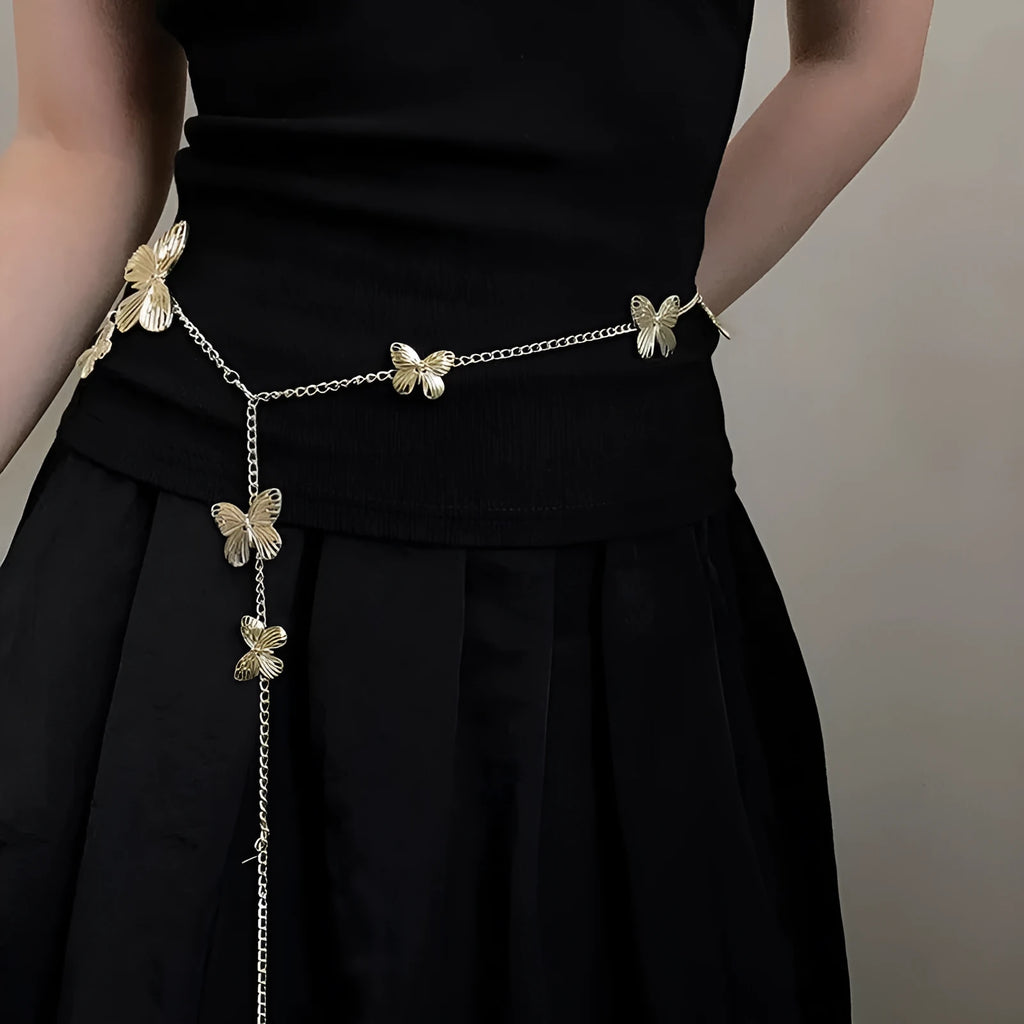 Butterfly waist chain belt with alloy construction in gold or silver colour, 104cm length