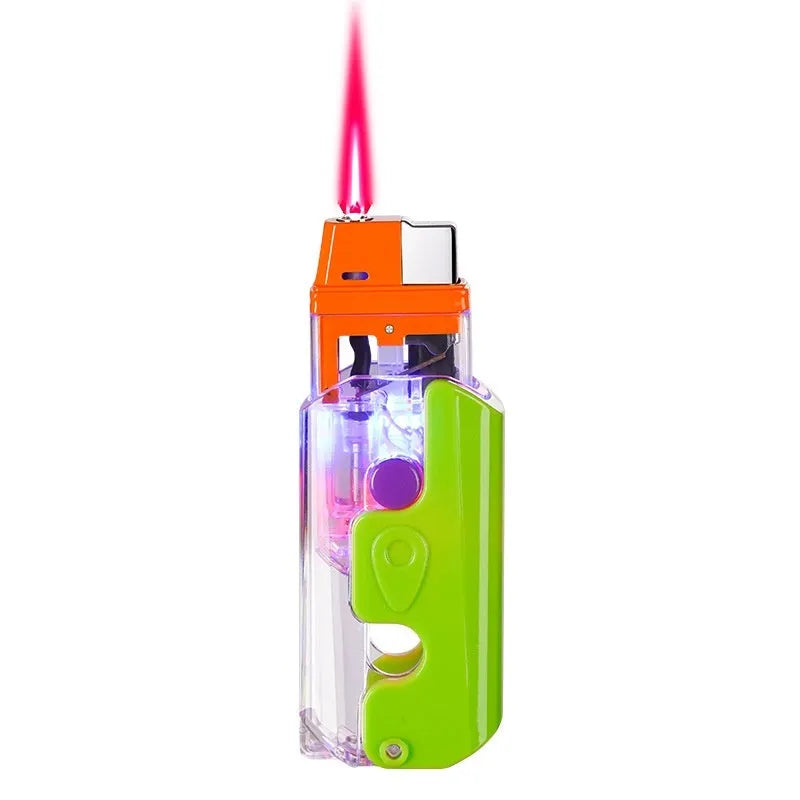 Colourful plastic rad-shaped lighter in orange, purple, or green on a plain background.