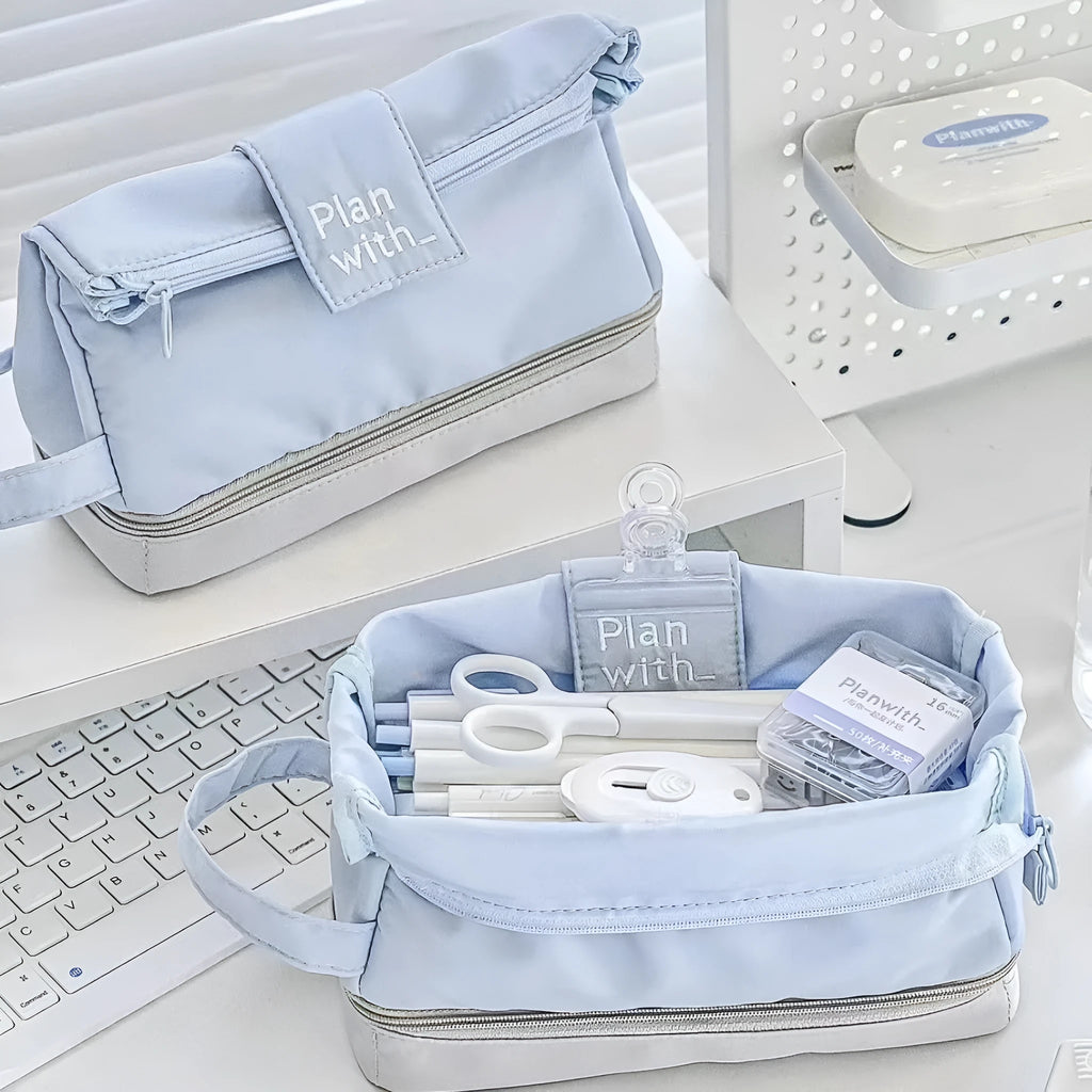 Fashion personality student pencil case with double layer design in dark blue, blue, or cream white colour