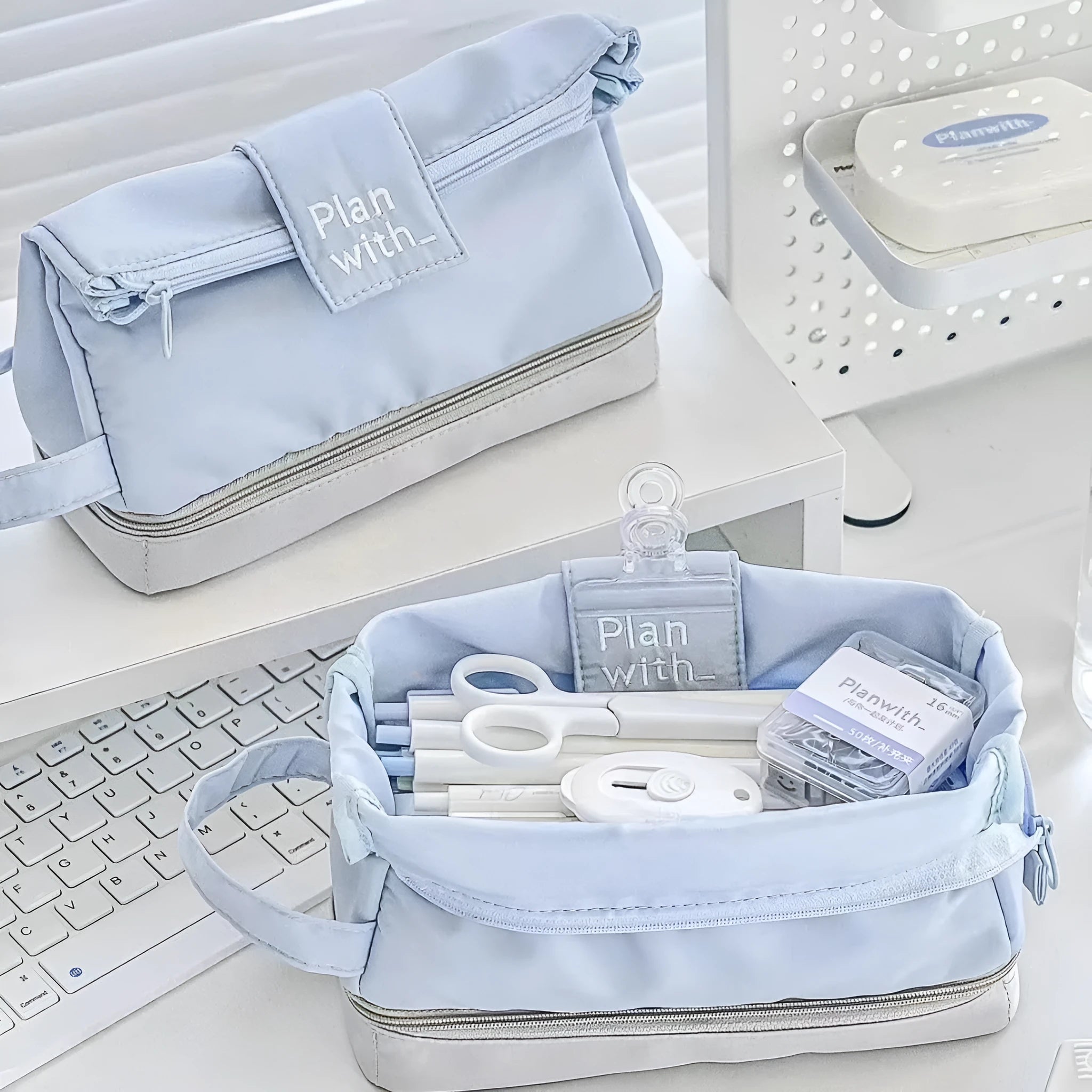 Fashion personality student pencil case with double layer design in dark blue, blue, or cream white colour