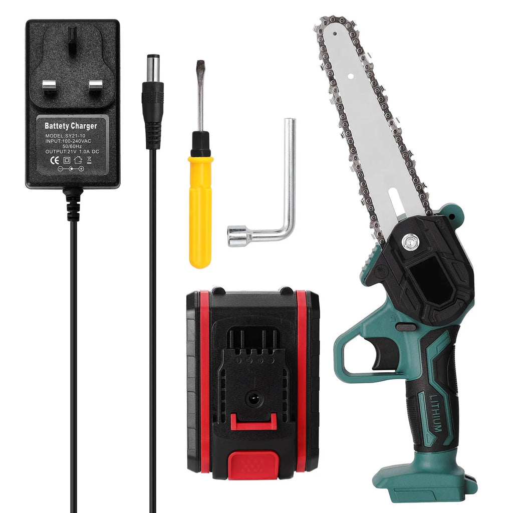 Black one-hand mini electric chainsaw with 4-inch guide bar on a workbench.