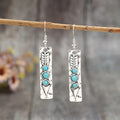 Geometric long strip silver earrings with turquoise inlay, retro design women's costume jewellery