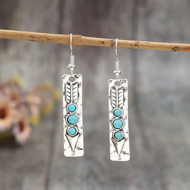 Geometric long strip silver earrings with turquoise inlay, retro design women's costume jewellery