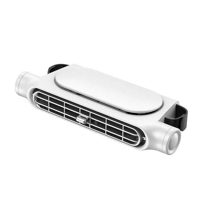USB car fan with clamp mount and Velcro, shown in beige colour with a detached data cable.