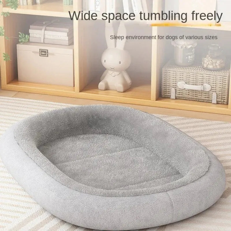 A thick padded dog kennel for small and medium dogs in a grey colour, shown with size dimensions.