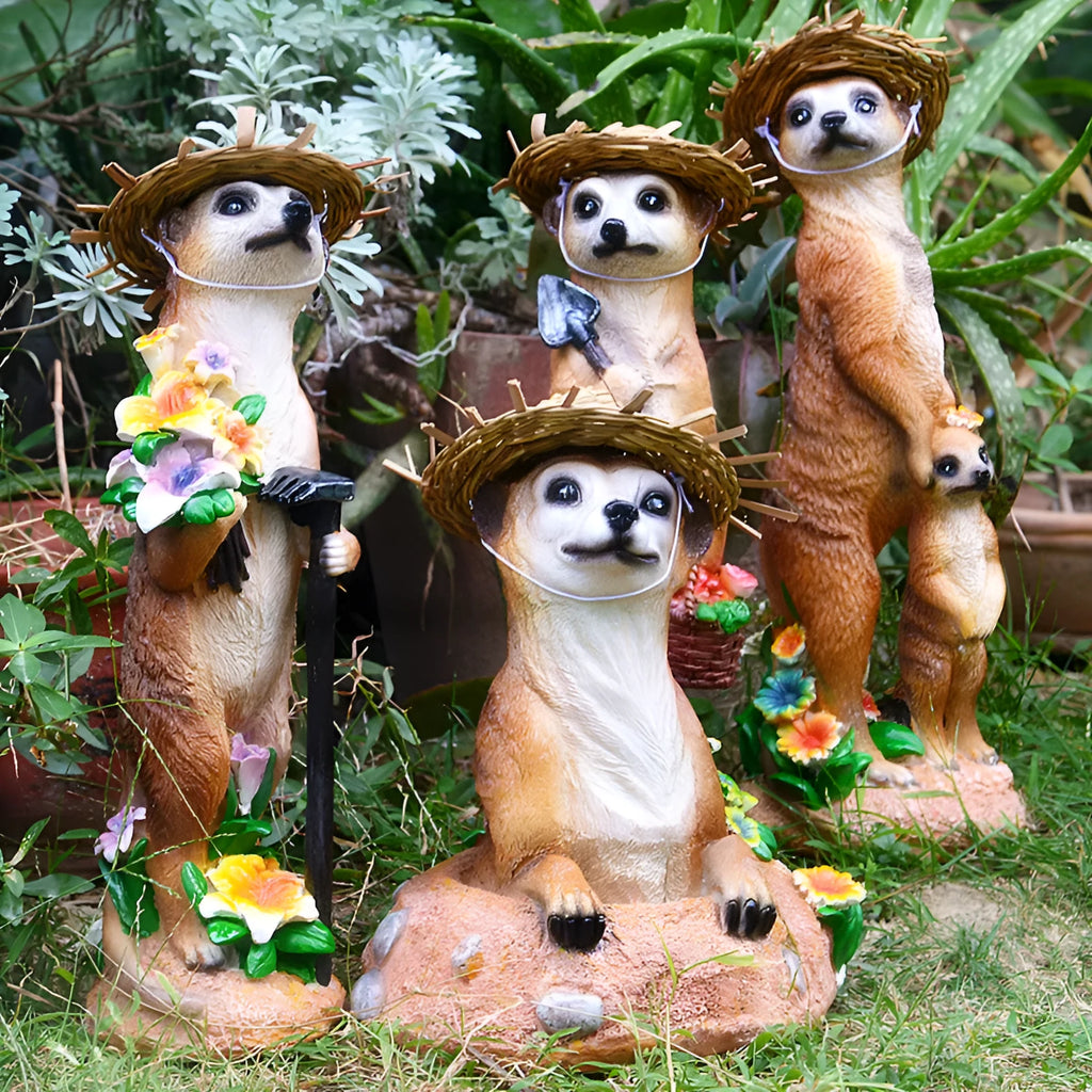 Straw hat mongoose garden ornament crafted from synthetic resin in three colour variations