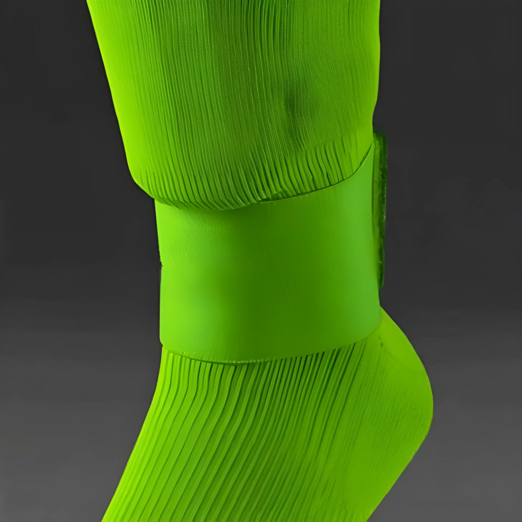 Rubber football shin guard fixation strap shown in multiple colours with approximate 25x6.5cm dimensions